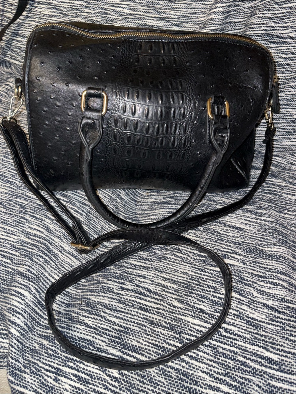 Black Faux-Ostrich Crossbody Satchel with Adjustable Strap
